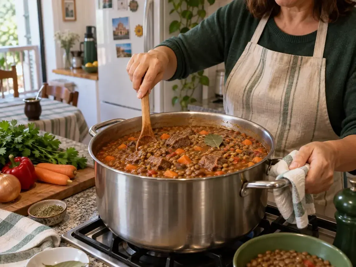 Préparation d'un grand lot de lentilles mijotées dans une cuisine familiale