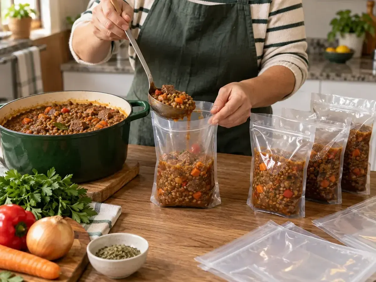 Portions de plat mijoté versées dans des sachets avant la mise sous vide