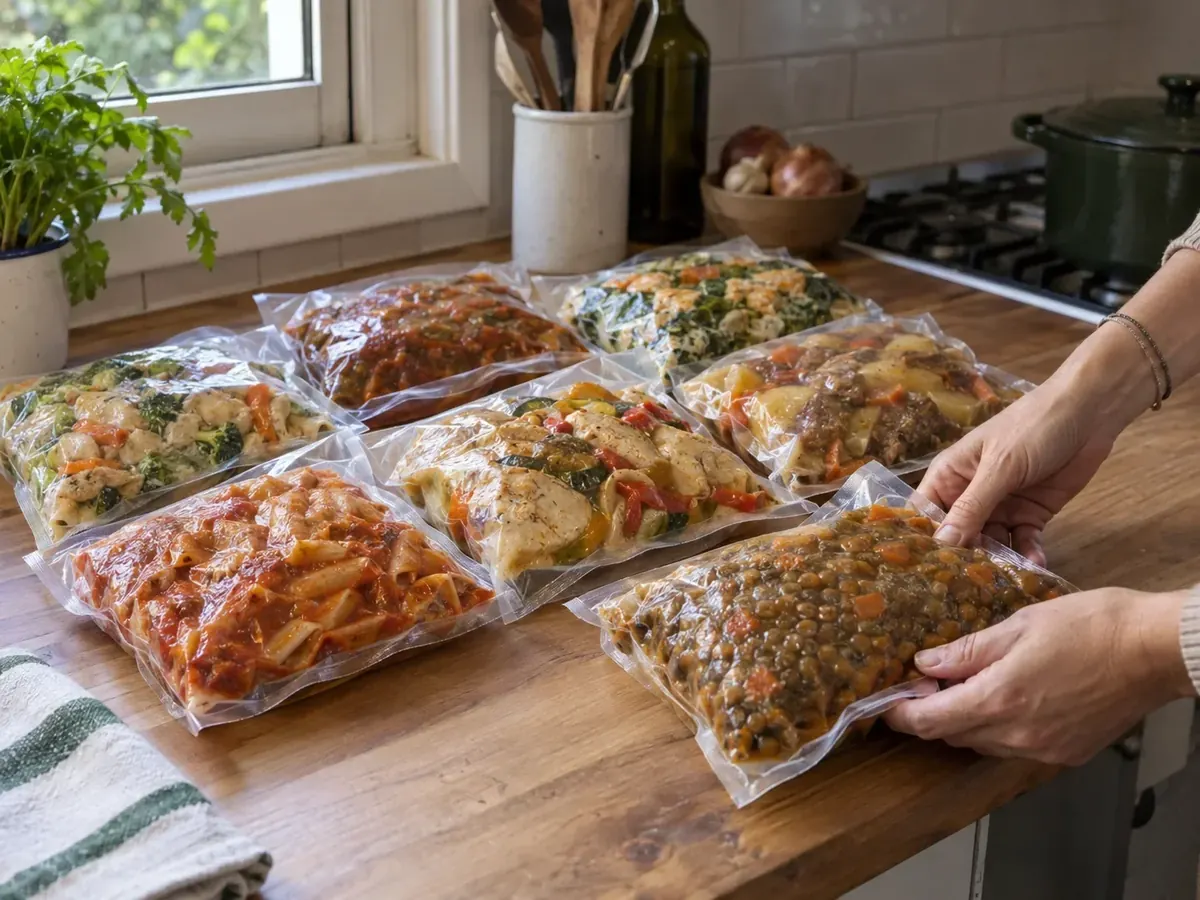 Plats faits maison conditionnés sous vide sur un plan de travail